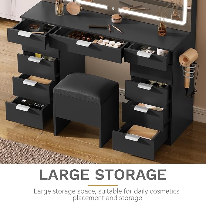 DWVO Makeup Vanity with Large Mirror and Lights, 46" Vanity Desk Dressing Table Set with 11 Drawers & Storage Stool, Dressing Table with Power Outlet and Magnifying Glass, Dressing Room, Black