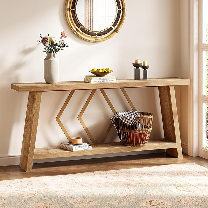 LITTLE TREE 70.9-Inch Console Table, Long Sofa Table Behind Couch, Farmhouse Console with Shelf for Entryway, Living Room, Hallway