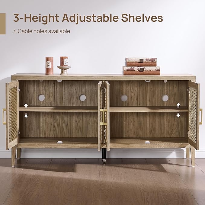 SICOTAS TV Stands for Living Room Bedroom - Farmhouse Entertainment Center TV Console with 4 Doors Cabinet, 59" Boho Television Stands Media Console Credenza for 45 50 55 60 65 Inch TVs, Light Walnut