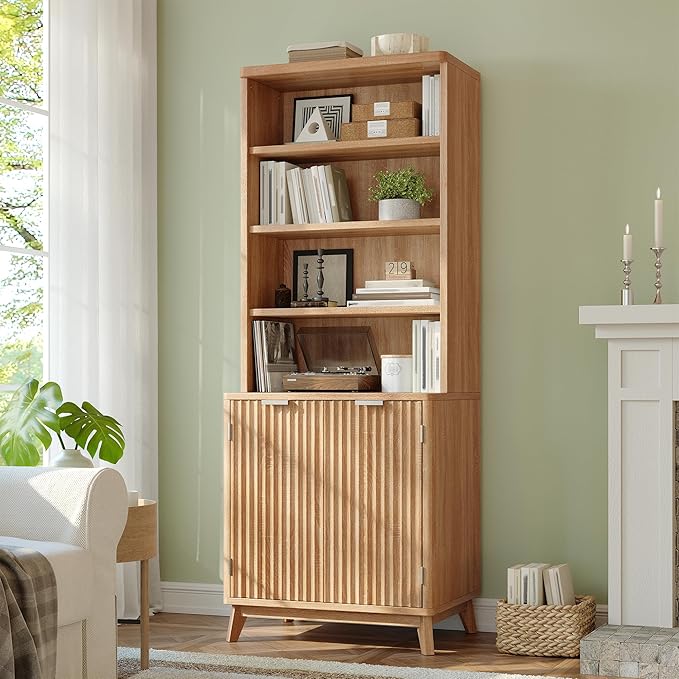 Tall Bookshelf, 6-Tier Bookcase with Fluted Doors & Adjustable Shelves, Mid-Century Cabinet, Modern Wooden Book Shelf for Home Office, Living Room, Kitchen, Light Oak