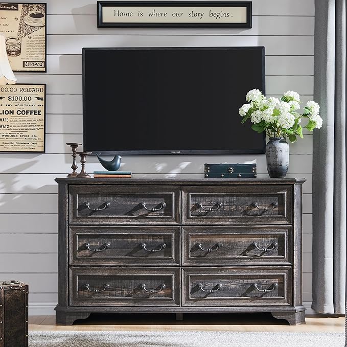 T4TREAM Farmhouse 6 Drawers Dresser for Bedroom, 54" Wide Wood Rustic Chest of Drawers with Natural Texture, Vintage Design, Storage Dressers Organizer for Bedroom, Living Room, Dark Rustic Oak