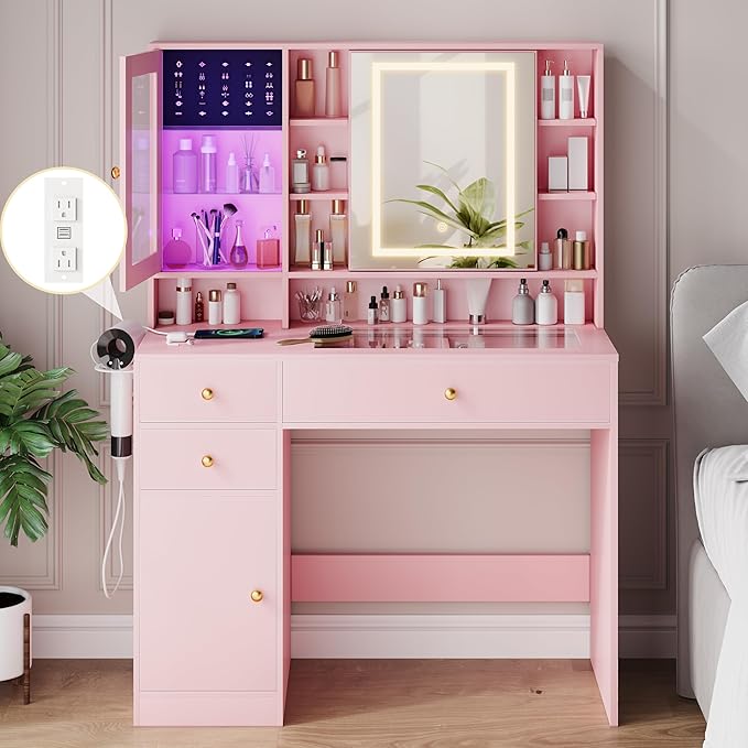 Makeup Vanity Desk with Mirror and Lights, Pink Vanity with Glass Top, Jewelry Storage, Power Outlets, 3 Drawers & 2 Cabinets, Adjustable LED Lighting, Dressing Table for Women & Girls Bedroom