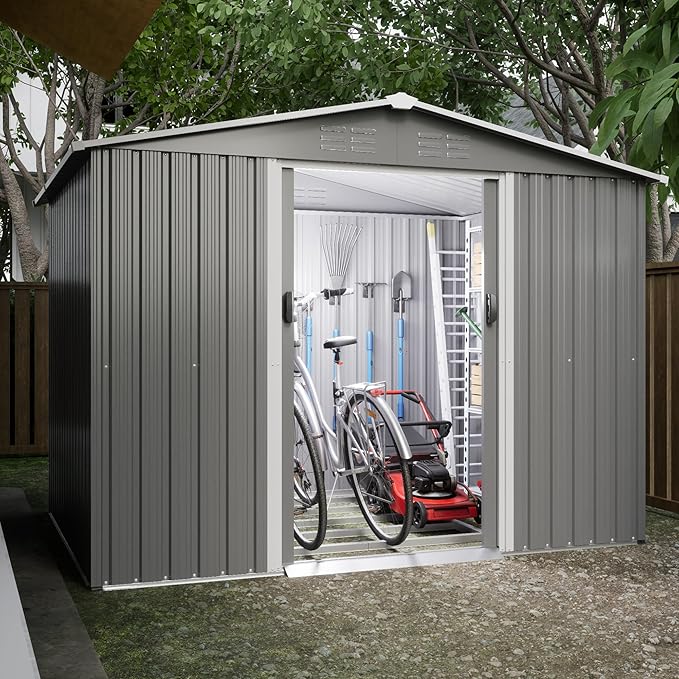 8x6ft Outdoor Metal Storage Shed with Sliding Door, Heavy-Duty Weather Resistant Steel Garden Shed