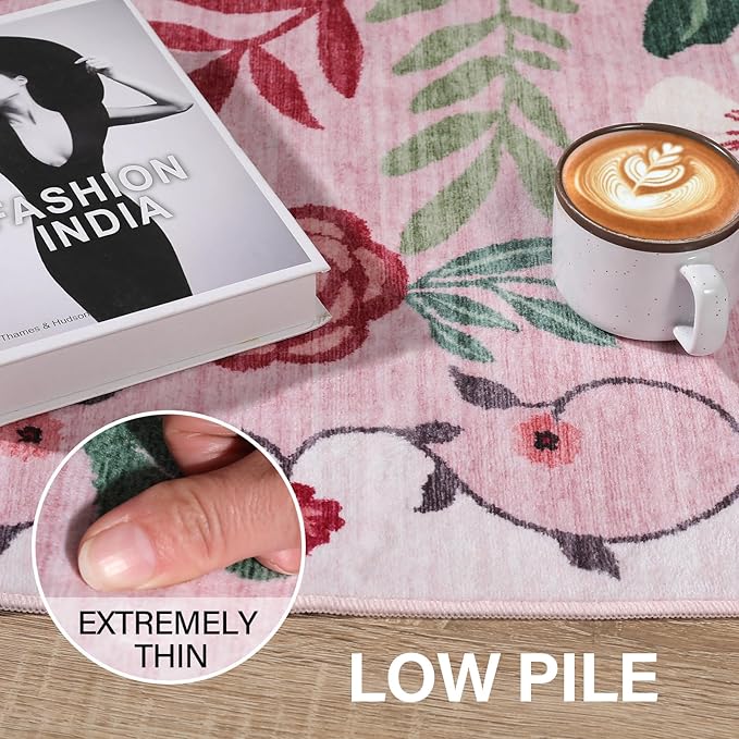 DUKINO Floral Round Rug, 4ft Washable Round Area Rug, Non Slip Indoor Low Pile Circle Rug, Soft Small Boho Design Circle Rug for Bedroom, Entryway, Living Room, Dining Room, Pink