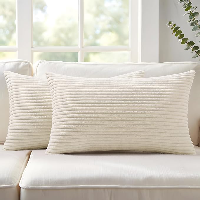 Mecatny Corduroy Decorative Throw Pillow Covers 12x20 Set of 2 for Sofa Living Room, Soft Neutral Boho Couch Pillow Covers for Home Decor, Cream White