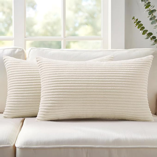 Mecatny Corduroy Decorative Throw Pillow Covers 12x20 Set of 2 for Sofa Living Room, Soft Neutral Boho Couch Pillow Covers for Home Decor, Cream White