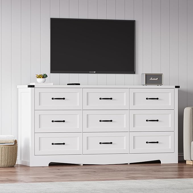 White Dresser for Bedroom, 59'' Wide Wooden Chest of Drawers with Natural Wood Texture, 9 Drawer Dresser for Closet with Metal Handles, Sleek Storage Solution for Living Room, Office, Hallway
