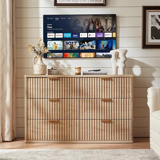 LEYAOYAO Fluted 6 Drawers Dresser Set of 2, 48" Wide Modern Chest of Drawers with Metal Handle, Natural Curved Profile Dresser TV Stand, Wooden Drawer Organizer for Bedroom, Living Room, Hallway