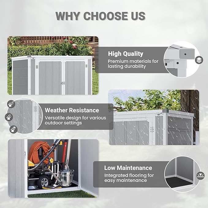 Horizontal Storage Shed 41 Cu.Ft, Lockable Outdoor Resin Cabinet for Garbage Cans, Lawn Mower & Garden Tools, Weather-Resistant Design for Patio or Backyard (Cold Gray)