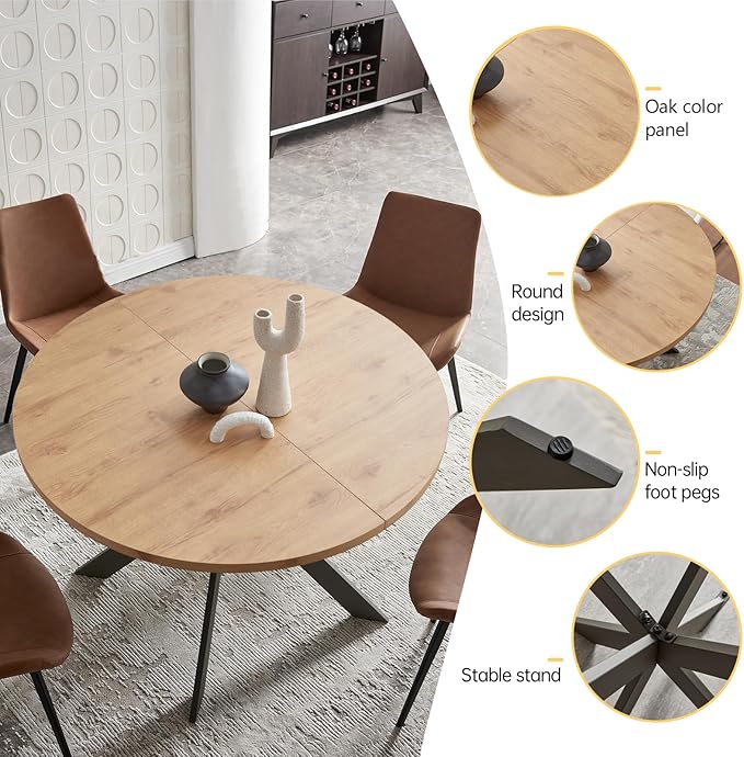 46.4" Round Dining Table Set, Mid Century Modern Round Dining Table for 4-6 Person, Steel Legs, Leisure Coffee Table for Kitchen Dining Room, Save Space