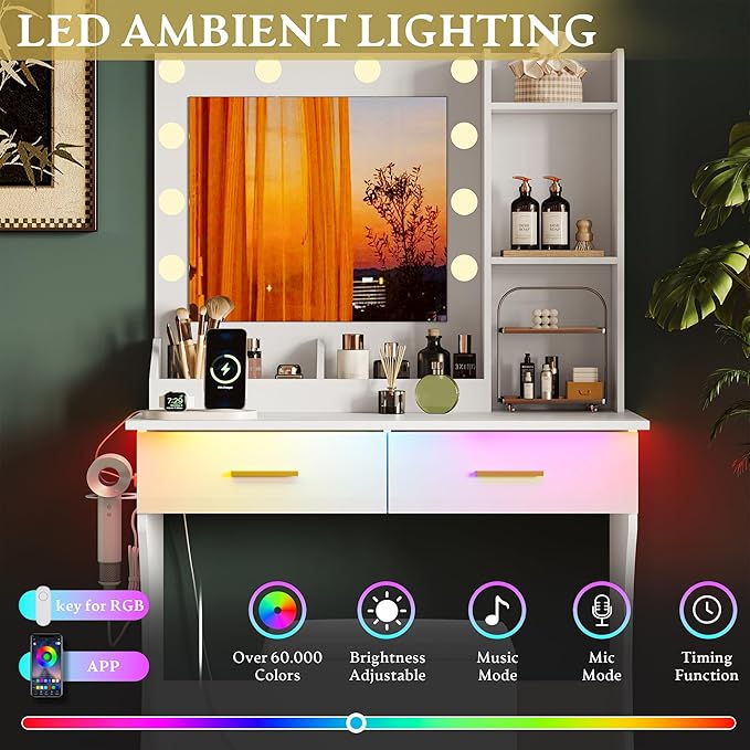 Vanity Desk with Mirror and Lights, Small Makeup Vanity Table Set with Storage Drawers & Power Outlets & Chair, 3 Lighting Modes & RGB Ambient Light, Dressing Table for Women Girls Bedroom, White