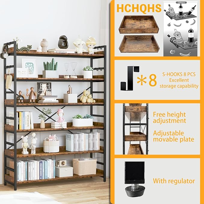 HCHQHS 6 Tier Bookshelf, Adjustable Industrial Bookcase, Vertical Tall Book Shelf, Wood and Black Metal Open Bookshelves for Home Office, Living Room, Bedroom