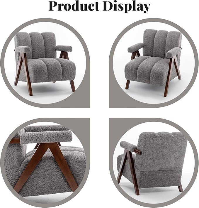 Mid Century Modern Accent Chair with Solid Wood Frame, Boucle Upholstered Living Room Chairs with Thick Cushion, Comfy Tufted Arm Chair for Bedroom, Grey