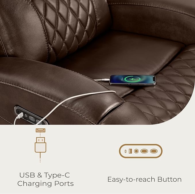 CHITA Genuine Leather Recliner Chair for Adults with Adjustable Power Headrest, Lay Flat Power Recliner with Slide-Out Cupholders & USB/Type-C Ports, Living Room Chair, Brown