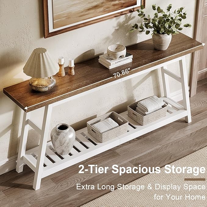 ChooChoo 70.9 Inch Long Console Tables for Entryway, Wood 2-Tier Entry Hallway Table, Narrow Sofa Table Behind Couch Table for Living Room, Entrance, White & Brown