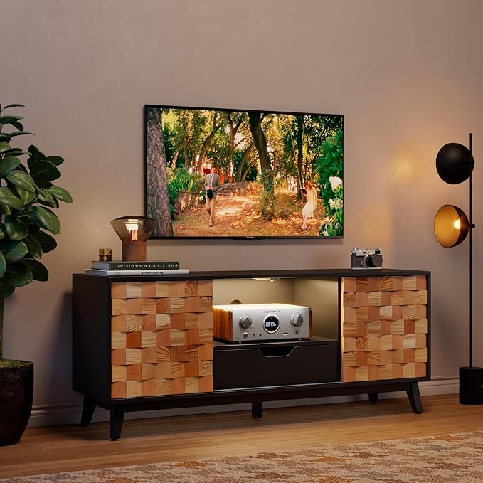 Mid Modern TV Stand with Storage | 55" Wide Walnut Wood Console Cabinet | Entertainment Center w/Adjustable Shelves | Solid Wood Legs | Easy Assembly