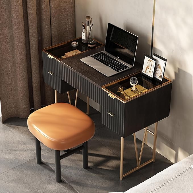 Lartis Flip Top Vanity Table Stylish Makeup Vanity with Stool, Makeup Vanity Desk, Reversible Makeup Mirror, Hidden Storage Compartment,Very Easy to Assemble