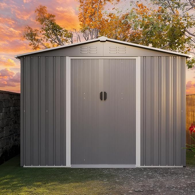 8 x 6 FT Outdoor Storage Metal Shed, Bike Garden Tool Shed with Slooping Roof, Lockable Doors and Aluminum Frames, Shed Easy to Assemble for Garden, Patio, Lawn, Black