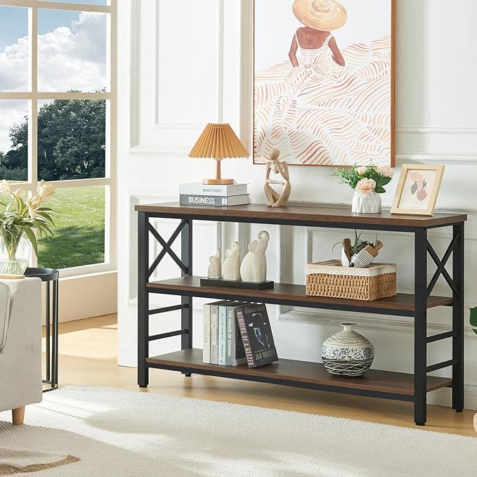 HOMBAZAAR Sofa Table,Industrial Console Table with Storage,Entryway Table with Engineered Wood and Metal,Rustic 3 Tier Shelf for Living Room,Hallway,Brown,55 Inch