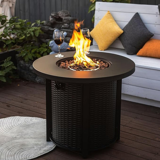 30" Propane Gas Fire Pit Table, 50000 BTU Round Steel Fire Pit with Lid & Glass 2 in 1 Fire Pit Table Rock for Outside Patio Deck Garden Courtyard