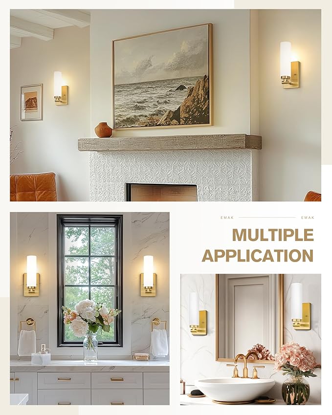 Emak Brushed Gold Wall Sconce, Modern Bathroom Vanity Sconces Wall Light Fixtures with Milk Glass Shade for Bathroom, Mirror, Living Room, Bedroom, Gallery, WS086-BGD-ML-2PK