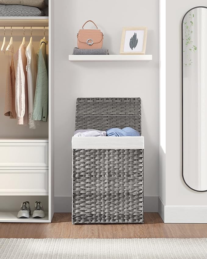 SONGMICS Laundry Hamper with Lid, 90L Clothes Hamper with 2 Removable Liner Bags, 6 Mesh Bags, Wicker Laundry Basket, Double Laundry Hamper for Bathroom, 13 x 18.1 x 23.6 Inches, Gray ULCB251G01V1