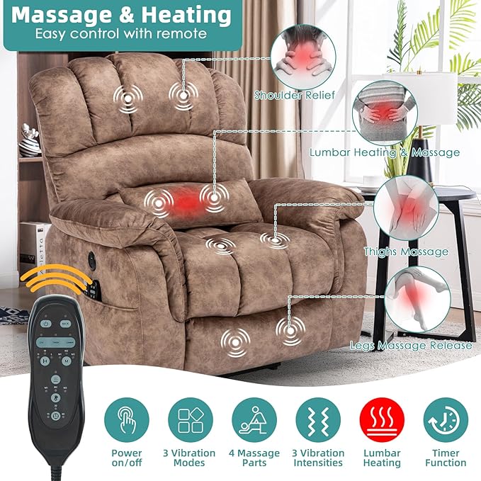 MEETWARM Large Dual Motor Power Lift Chair with Extended Footrest for Big Tall Elderly, Infinite Position Lay Flat Lift Electric Recliner, Heat Massage, Lumbar Pillow, USB & Type-C Ports, Plush Brown