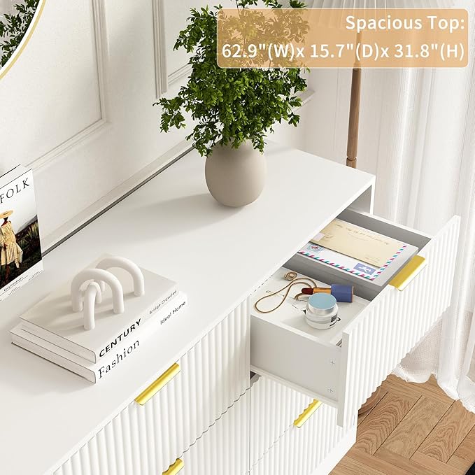 9 Drawer Dresser for Bedroom with Deep Drawers, 63" Wide Wood Dresser, Large Floor Chest of Drawers, Modern Long TV Stand, Storage Cabinet Side Table, White