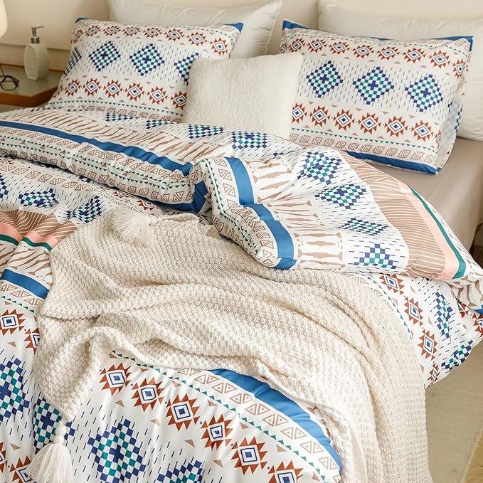 Luxlovery Aztec Comforter Set Full Beige Purple Geometric Bedding Set Folkloric Brown Farmhouse Tribal Ethnic Blanket Quilts Western Navajo 3pcs Comforter Set Full Size