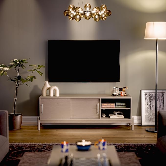 Bme Lyra 65 Inch Solid Wood TV Stand - Easy Assembly - Entertainment Center with Storage - Mid Century TV Console for Living Room, Bedroom, Guest Room, Oak Light Grey