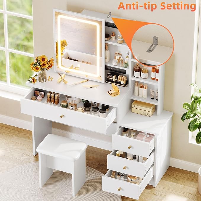Vanity Desk with Mirror and Lights, Makeup Vanity with 3 Adjustable Lighting Modes, Small Vanity Desk with Sliding Mirror, 4 Drawers, 7 Shelves, Vanity Chair for Bedroom White