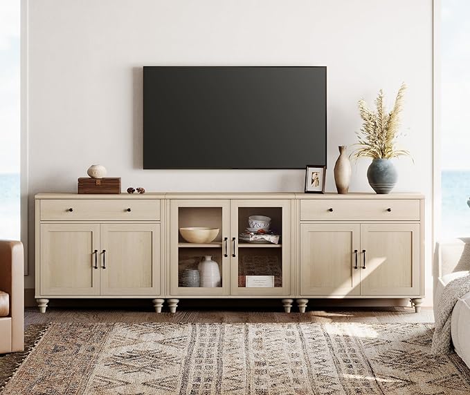 WAMPAT Farmhouse TV Stand for 100 Inch TV, 3-in-1 TV Console Table for 75/80/85/90 Inch TV, Entertainment Center with Glass & Wood Door, Kitchen Sideboard Buffet Cabinet for Dining Room, Light Oak