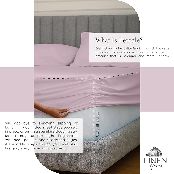 Linen Home 100% Cotton Percale Sheets Queen Size,Mauve Lavender, Deep Pocket, 4 Pieces Set - 1 Flat, 1 Deep Pocket Fitted Sheet and 2 Pillowcases, Crisp Cool and Strong Bed Linen