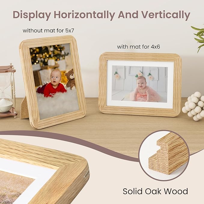 5x7 Picture Frame - Solid Oak Wood 5 x 7 Photo Frame, 5''x7'' Frame With Mat For 4x6, Tabletop and Wall Display, Hanging Hardware Included, 5 By 7 Picture Frame Wood, Natural Oak