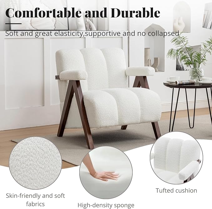 Mid Century Modern Accent Chair with Solid Wood Frame, Boucle Upholstered Living Room Chairs with Thick Cushion, Comfy Tufted Arm Chair for Bedroom, Ivory