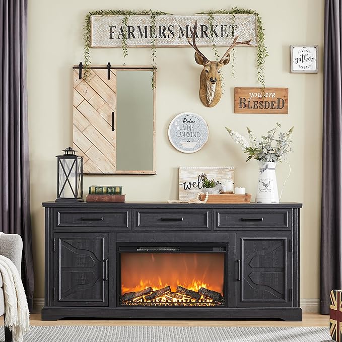 JXQTLINGMU Farmhouse Fireplace TV Stand for Up to 80 Inch TV, Entertainment Center with 30" Electric Fireplace for 65 75 Inch TV, 70" TV Stand with Storage Cabinet Drawer for Living Room (Black)