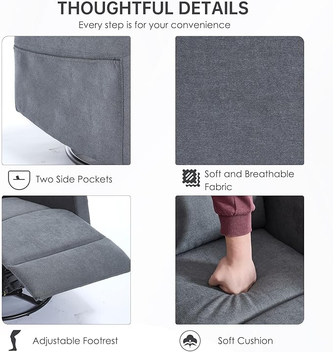 360° Swivel Rocker Recliner Chair for Small Spaces, Manual Reclining Chair for Adults, Rocking Glider for Nursery, Living Room, Bedroom, Fabric Dark Grey