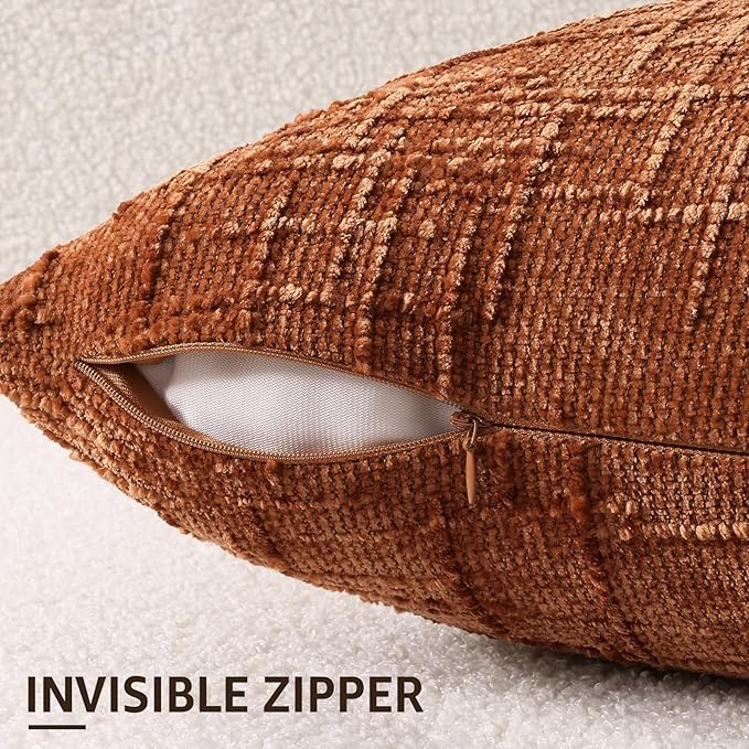 decorUhome Fall Rust Chenille Throw Pillow Covers 18x18 Set of 2 Thick Textured Slubby Couch Pillow Covers Farmhouse Accent Modern Neutral Decorative Pillow Cases for Bed Sofa Living Room