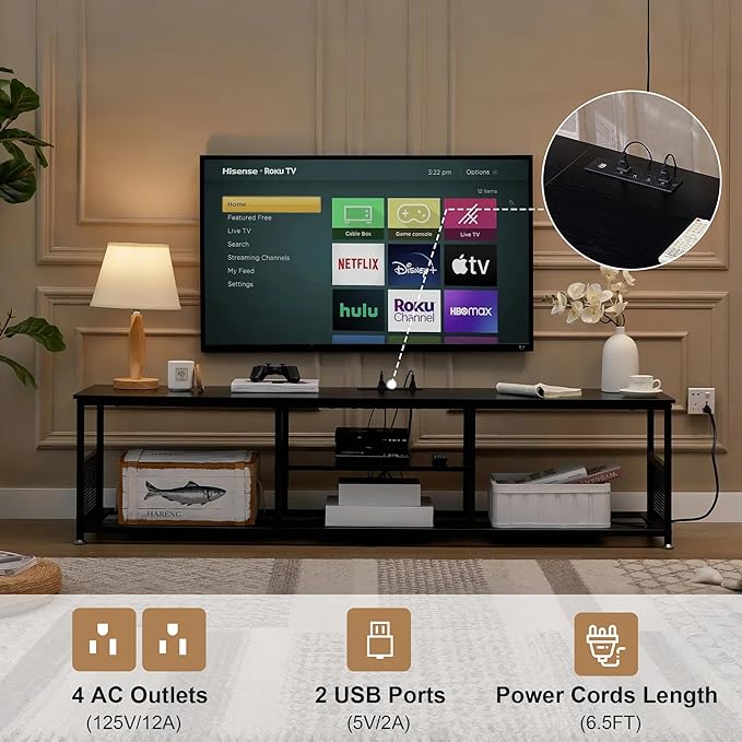 VECELO TV Stand with Power Outlets for Televisions up to 75Inch, 62" Media Entertainment Center with Charging Station 3-Tier Open Storage Shelves with Metal Frame for Living Room/Bedroom，Black