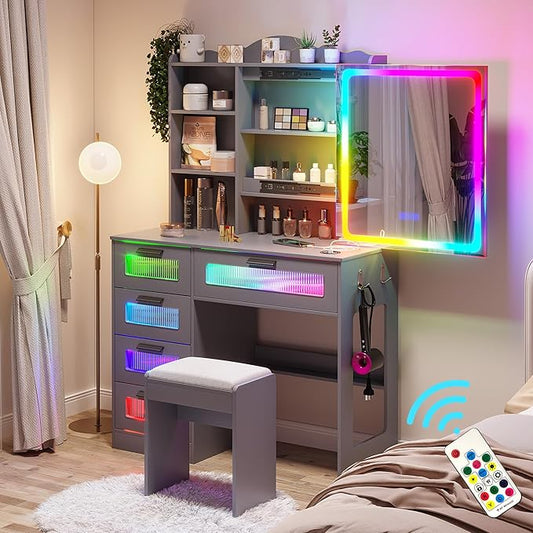 HNEBC Vanity Desk with Sliding Mirror and LED Lights, RGB Vanitys with Charging Station, Makeup Vanitys with Remote Control, White Dresser with Stool/Lager Drawers for Bedroom (Grey)