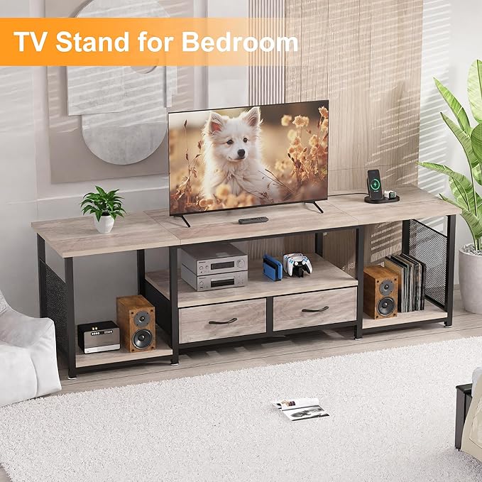 TV Stand with Drawers and Power Outlets for 75 70 65 Inch TV, Entertainment Center with Open Storage Shelves, Media Industrial TV Console Table for Living Room Bedroom Office, Greige