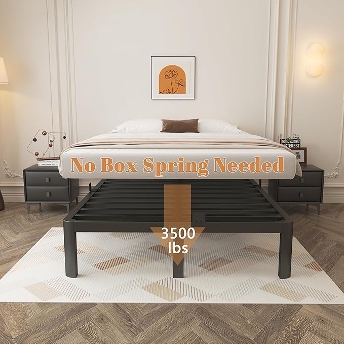 12 Inch Queen Bed Frame with Metal Gaskets, Black Bed Frame Queen Size No Box Spring Need, Heavy Duty Steel Platform Support to 3500LBS, Round Corner Design, Reserved Holes, Noiseless