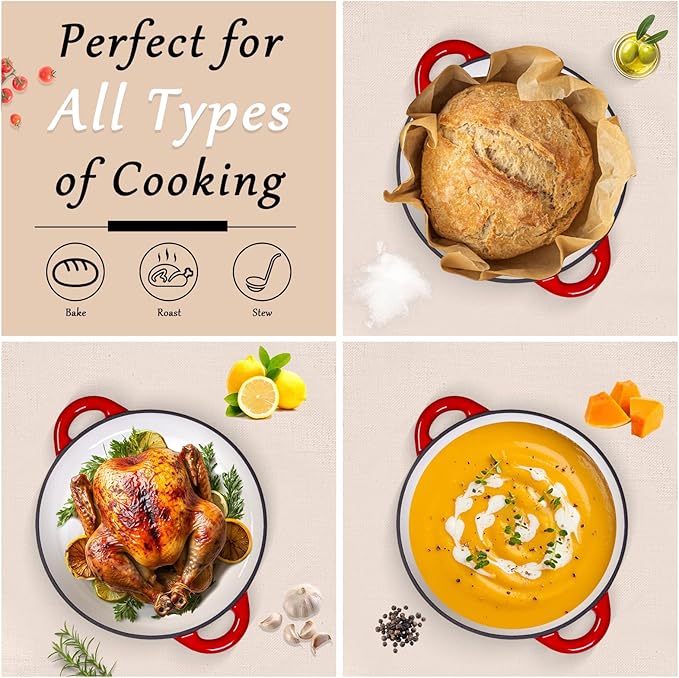 Romswi Enameled Cast Iron Dutch Oven Set - 3qt & 5.5qt Dual Combo - 7-Layer Professional Grade Dutch oven pot with lid - Oven Safe for Braising, Stews, Roasting, Bread Baking - Red Bread Dutch Oven