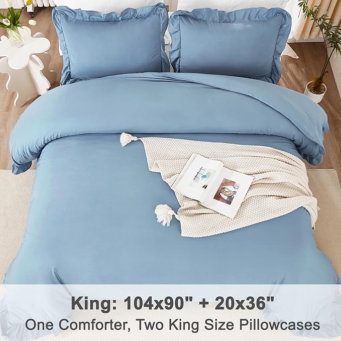 Litanika Grayish Blue King Size Comforter Set, 3 Pieces Ruffle Farmhouse Aesthetic Bedding Comforter Set, All Season Soft Lightweight Fluffy Microfiber Bed Set(104x90In Comforter, 2 Pillowcases)