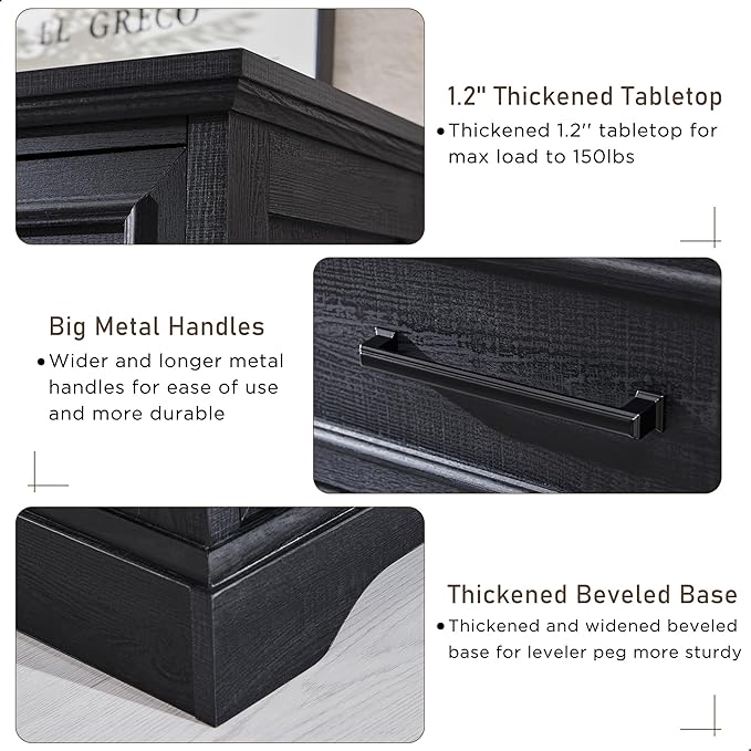 6 Drawer Dresser, Farmhouse Chest of Drawers for Bedroom, 44" Tall Dresser with Large Metal Handles, Wood Drawer Organizer for Living Room, Hallway, Closet - Black