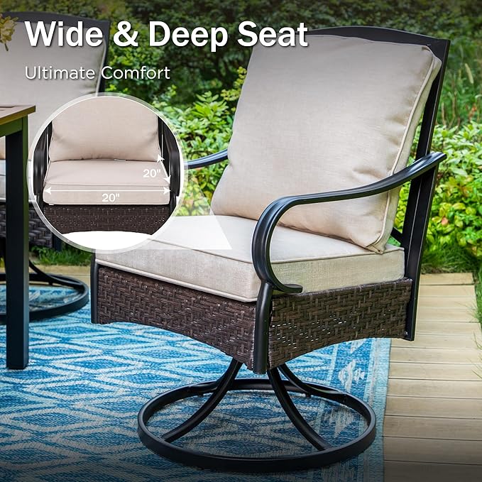PHI VILLA Patio Swivel Chairs Set of 4, Heavy Duty Outdoor Metal Wicker Dining Chair with Thickened Cushions, Large All Weather Wrought Iron Deck Chair Lawn Furniture Support 300lbs