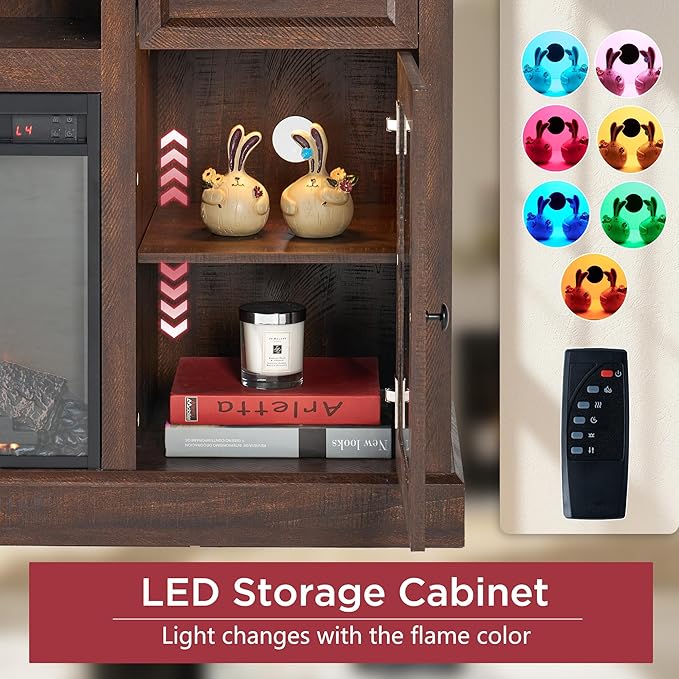 Farmhouse 70" Fireplace TV Stand with 37" Electric Fireplace, Large LED Entertainment Center with Storage for 80" TVs, TV Console Cabinet with Diamond Door for Living Room, Brown