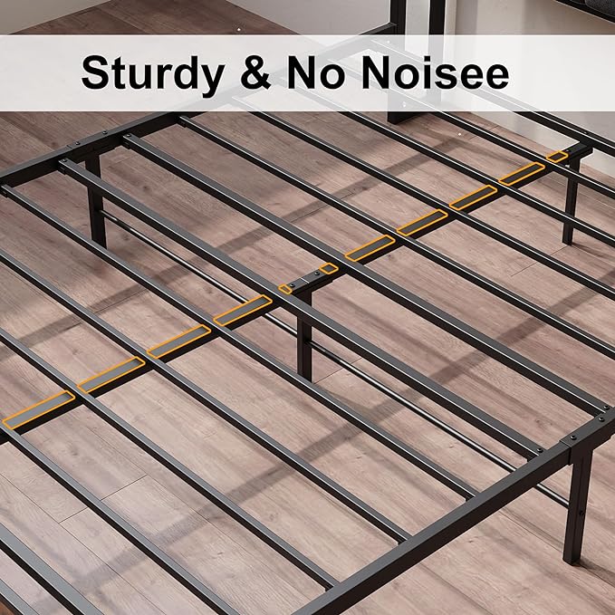 LIKIMIO Queen Bed Frame, Storage Headboard with Charging Station, Solid and Stable, Noise Free, No Box Spring Needed, Easy Assembly