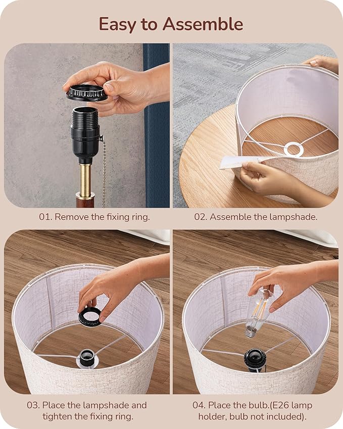 EDISHINE Mid Century Table Lamp Set of 2, Pull Chain Switch Bedside Lamp, Linen Shade, Solid Wood Pole & Bronze Brushed Metal Base, Modern Nightstand Lamp for Bedroom, Living Room, Office, E26 Base