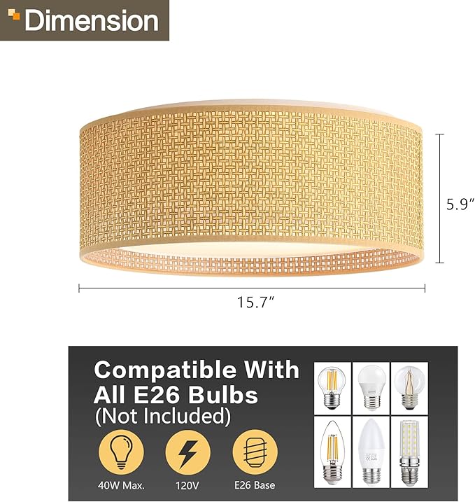 WINGBO 15.7" Modern 3-Light Flush Mount Ceiling Light Fixture with Fabric & Acrylic Double Drum Shade for Bedroom Living Room Dining Room Hallway Entryway, Brown